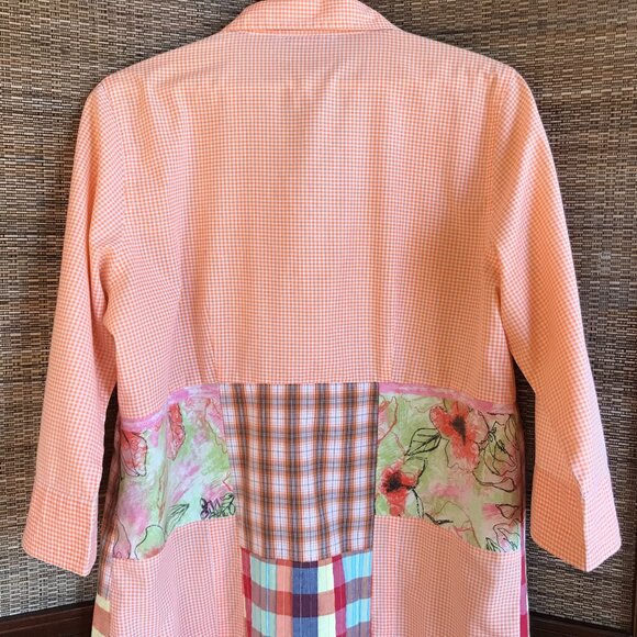 Patchwork Duster, Size L: Upcycled Boho Button-Down Dress, Orange Gingham - Picture 7 of 14